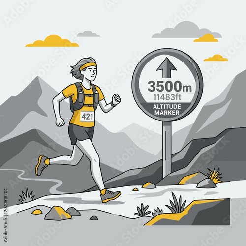 Mountain Trail Runner Ascends Towards High Altitude Marker