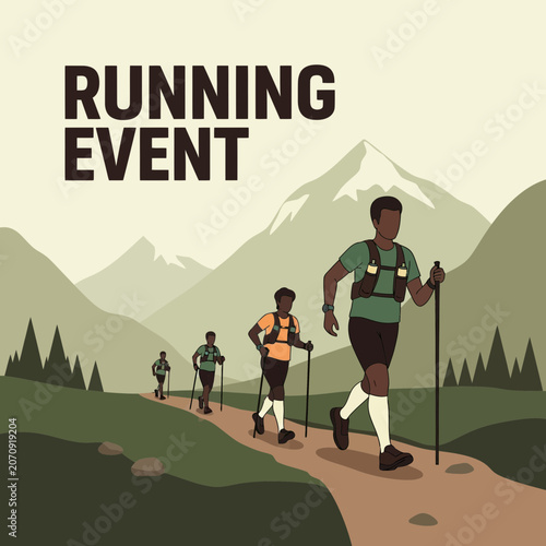 Mountain Trail Running Event Illustration With Athletes Competing