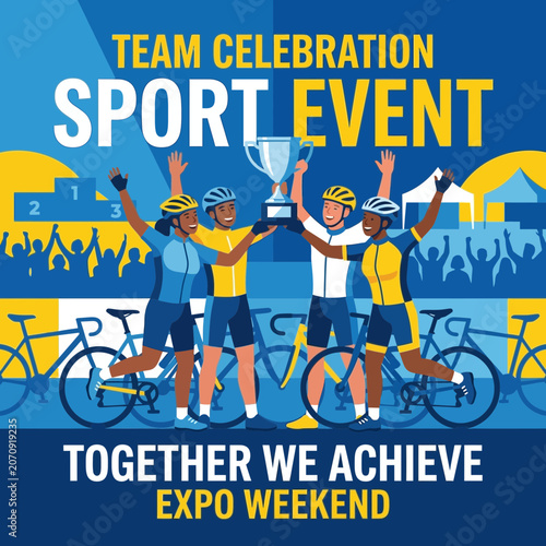 Multiethnic Cyclists Celebrate Sporting Victory Together At An Expo Event