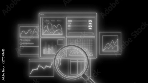 Neon-style dashboard montage with glowing charts and magnifying glass animation