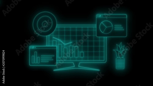 Glowing neon outline of a computer monitor with charts and data widgets animation