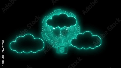 Glowing neon clock face partially obscured by three fluffy clouds animation