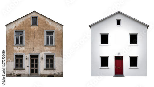 Photos Isolated old derelict house next to a modern renovated home showing contrast in
