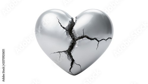 Fényképezés Isolated 3D render of a broken silver heart, symbolizing sadness, loss, and emot