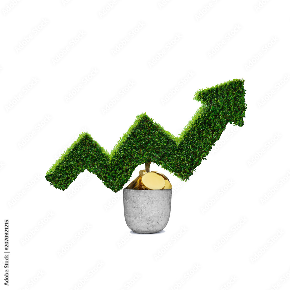 Naklejka premium A realistic arrow made of fresh green leaves, isolated on a flat design background. Financial concept for growing money.