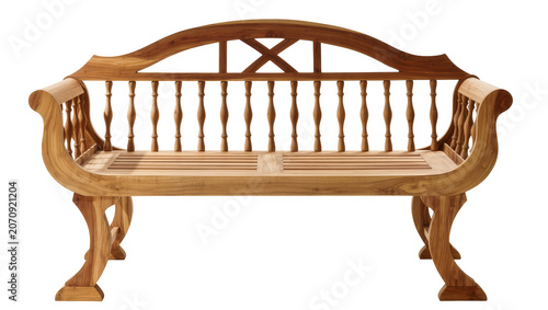 Obraz na plátně Isolated classic wooden garden bench with curved arms and turned balusters on a