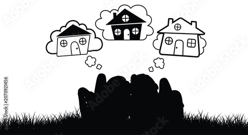 Konstfotografi Person contemplating houses among clouds black silhouette