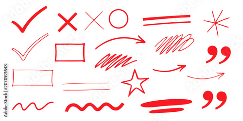 Bild auf Leinwand Red hand drawn symbols including checkmarks crosses boxes arrows and quotation m