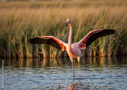 A graceful pink flamingo spreads its wings in shallow water during a golden sunset, with reeds in soft focus