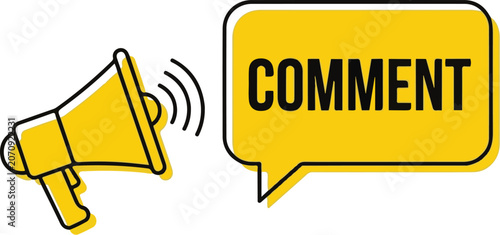 Comment icon with yellow megaphone. Speech bubble with comment text. Feedback and communication concept. Yellow bullhorn shouting message. Social media marketing symbol. User feedback vector. Announce