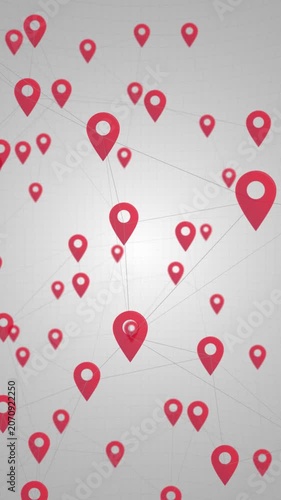 Global location pins background with a plexus network of connected map markers. Suitable for GPS navigation, data connections and geolocation concepts. Full HD and looping vertical animation.