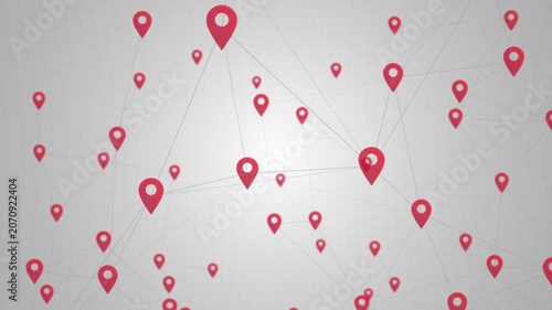 Global location pins background with a plexus network of connected map markers. Suitable for GPS navigation, data connections and geolocation technology concepts. Full HD and looping animation.