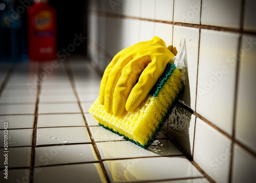 Close-up of a yellow glove scrubbing a white tile surface with a sponge