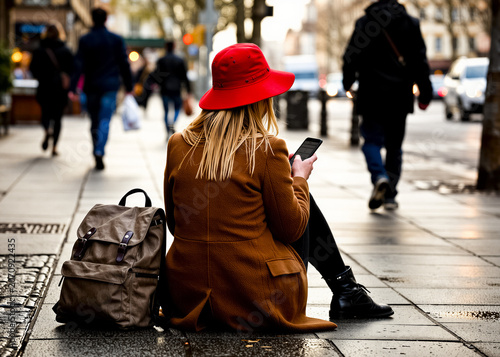 A woman in a red hat and a brown coat sits with her back on the wet sidewalk, looking at her phone, with a backpack nearby