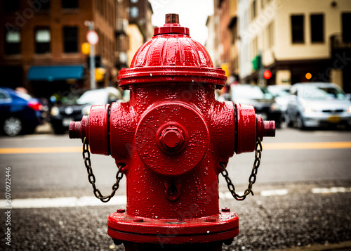 A red fire hydrant, with buildings and cars blurred in the background