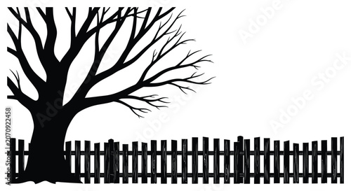 Foto Bare tree and picket fence silhouette against a white background