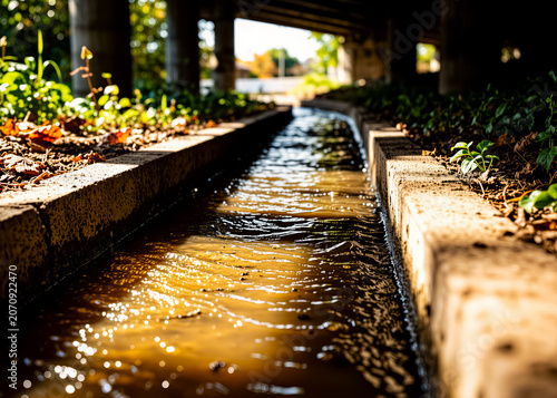 Muddy water flows through a concrete drainage channel under the bridge