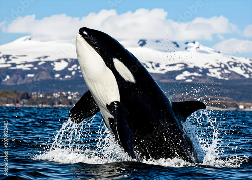 A killer whale jumps out of the ocean against a backdrop of snow-capped mountains and blue skies