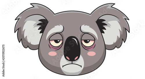 Tired cartoon koala face with sleepy eyes.