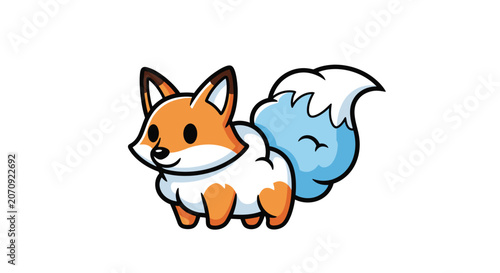 Tiny cute fox cartoon character with fluffy white tail.