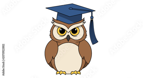 Wise cartoon owl wearing a graduation cap mortarboard.