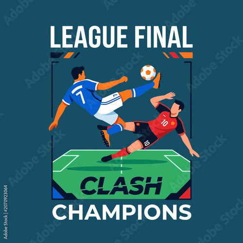 League Final Clash Champions Dynamic Soccer Players Competing For The Ball In Mid-Air