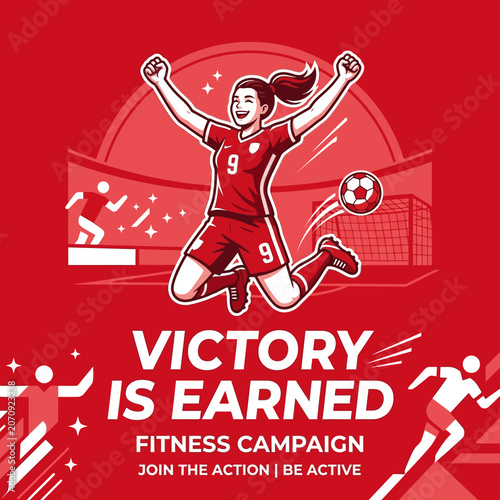 Joyful Athlete Celebrates Football Victory In Stadium And Fitness Campaign Message