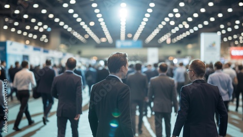 Crowd of people in suits walking through a convention center photo