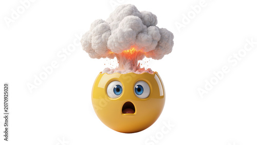 Isolated shocked emoji head exploding with a smoke cloud, symbolizing extreme stress or ideas.