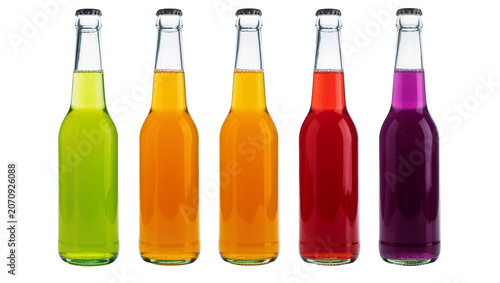 Quadro su tela Isolated five colorful glass bottles with refreshing carbonated soft drinks on b