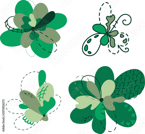 Vector flower. Blossom set. Isolated emerald green color collection of fantasy decorative floral element with abstract petals curl branch