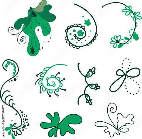 Vector flower. Blossom set. Isolated emerald green color collection of fantasy decorative floral element with abstract petals curl branch