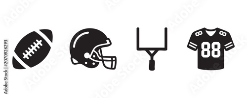 American football equipment icons including ball helmet goal post and jersey for game day.