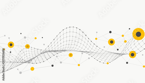 Abstract digital network wave structure with yellow nodes on white background conceptualizing data flow and connection