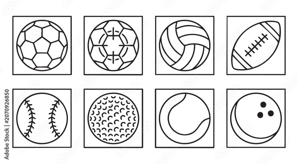 Fototapeta premium Set of sport balls icons outline in square frames on transparent background.