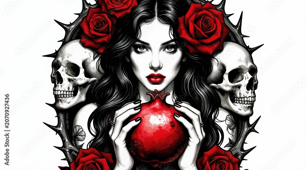 Naklejka premium Gothic woman with long dark hair holds red pomegranate fruit. Skulls and roses frame her face. Thorn branches border the illustration. Dramatic dark beauty portrait.