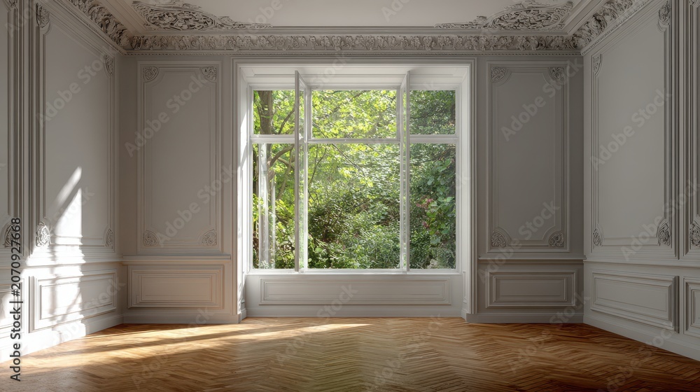 Fototapeta premium Minimalist classical interior with white trim molding, dark hardwood floor, and a large window looking out to greenery