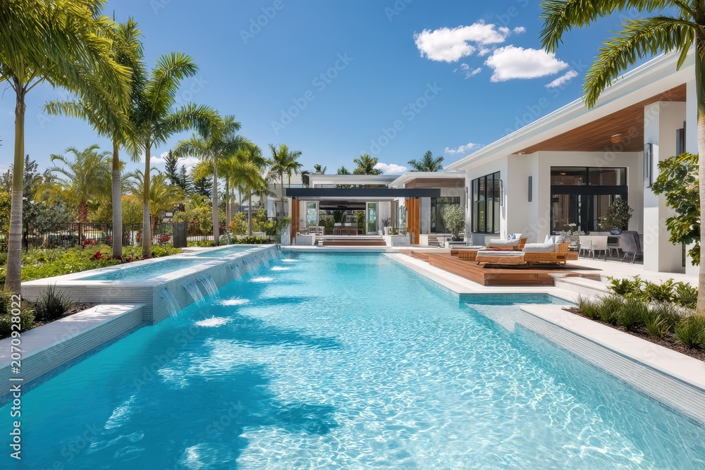 Fototapeta premium Sunlit backyard pool with arching water jets and contemporary home exterior