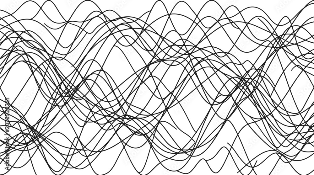 Obraz premium Abstract black flowing wavy line pattern on white.