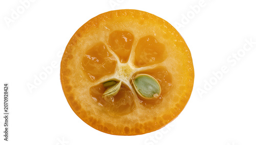 Cuadro en lienzo Isolated fresh organic kumquat half cut through, revealing juicy pulp and green