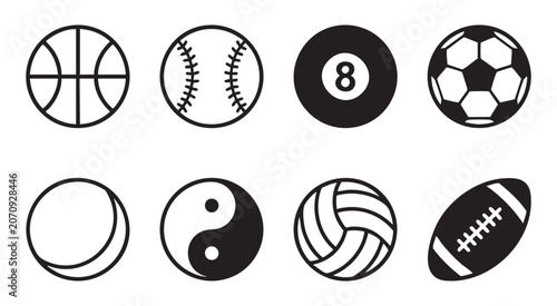 Collection of various sport balls on transparent background, simple vector icons.