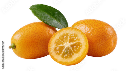 Photos Isolated fresh and ripe kumquat fruits with green leaf, one neatly sliced to reveal the juicy pulp