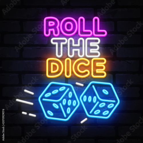 Neon roll the dice sign with glowing blue dice on brick wall. Dynamic design for casino advertising, game rooms or betting visuals.