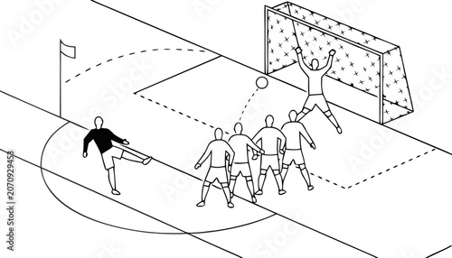 Tableau sur toile Soccer player kicking ball during free kick with wall and goalkeeper defending g