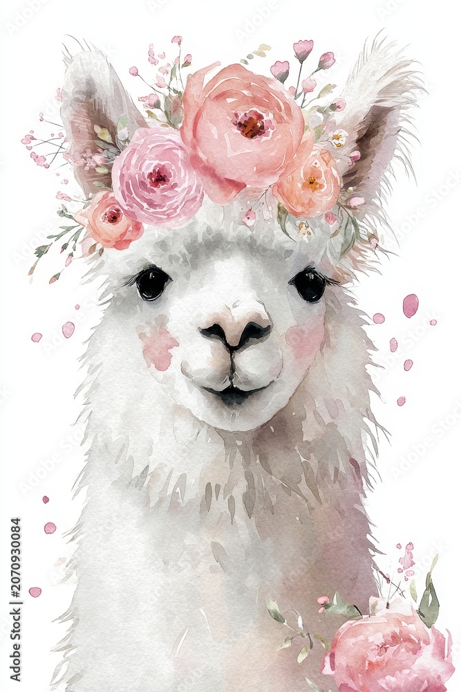 Fototapeta premium Pastel llama wearing a pink floral crown in a whimsical watercolor portrait on a white backdrop