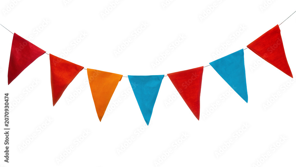 Obraz premium Isolated vibrant party bunting flags on a string, festive decoration for celebration.