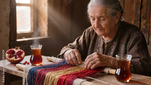Elderly Azerbaijani Woman Weaving Traditional Carpet Close Up