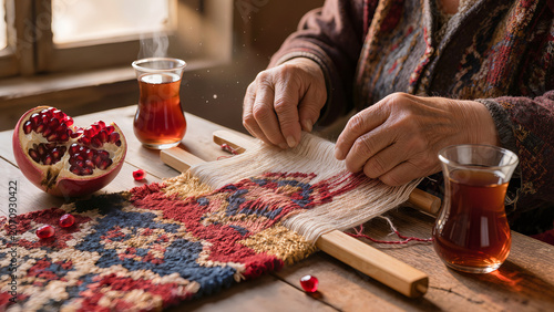 Elderly Azerbaijani Woman Weaving Traditional Carpet Close Up