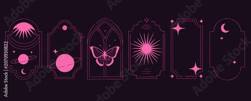 Pink celestial frames with sun moon planets stars and butterfly motifs on a dark background