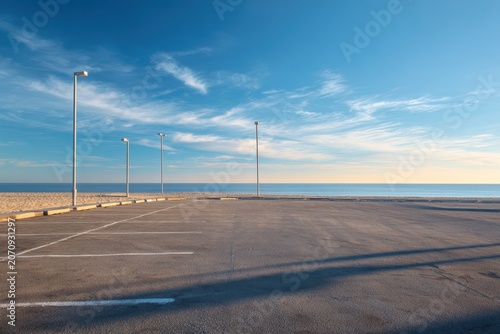 Solitary beachside parking space bathed in afternoon light and tranquil mood